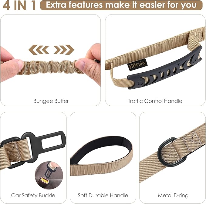 Hotsky Tactical Dog Leash Heavy Duty for Medium Large Dogs That Pull,4-6Ft Strong Bungee Shock Absorbing No Pull Dog Leash with Padded Double Handle and Car Seatbelt,Khaki