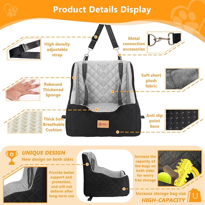 Dog Car Seat for Small/Medium Dogs Under 40lbs, Dog Booster Car Seats Memory Foam and Velvet, Detachable and Washable Pet Booster Carseats with Clip-On Satebelt and Storage Bag.(Black/Gray)