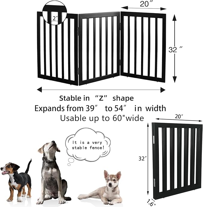ZJSF Freestanding Indoor Dog Gate for House Foldable Wood Black Puppy Gate for Doorways Pet Gate for Stairs Extra Wide Pet Fence 32" Height 3 Panels