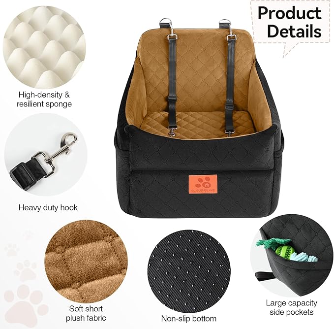 Dog Car Seat for Small/Medium Dogs, Dog Booster Car Seats with Thick Cushion for Dogs Under 35lbs, Detachable Washable Pet Carseat with Storage Pockets, 2 Safety Belts(Black/Coffee)