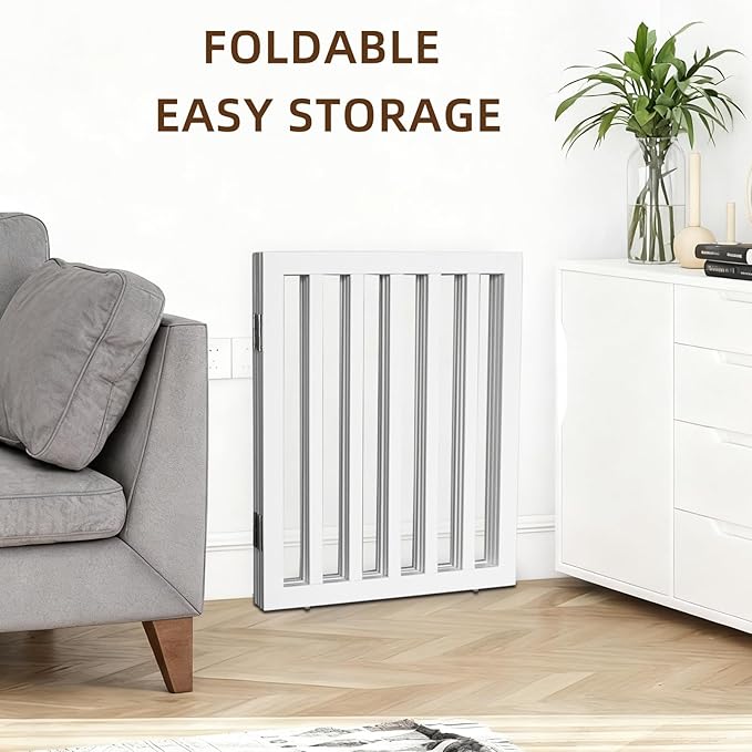 ZJSF Freestanding Indoor Dog Gate for House Foldable Wood White Puppy Gate for Doorways Pet Gate for Stairs Extra Wide Pet Fence 24" Height 2 Panels