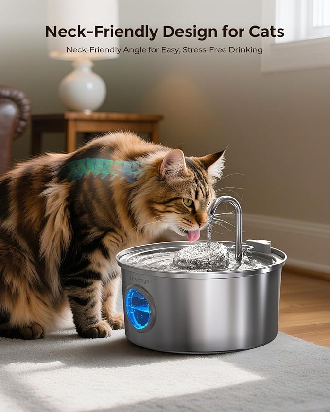 Cat Water Fountain Stainless Steel, 3.2L/108oz Pet Drinking Fountain for Cats Dogs, Automatic Cat Fountain with 2 Flow Modes, Splash-Proof Bowl, Includes 6 Replacement Filters