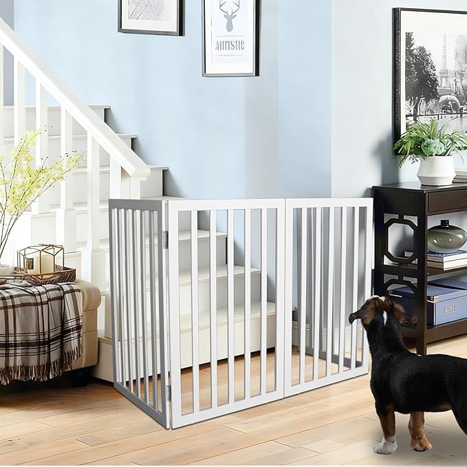 ZJSF Freestanding Indoor Dog Gate for House Foldable Wood White Puppy Gate for Doorways Pet Gate for Stairs Extra Wide Pet Fence 24" Height 2 Panels