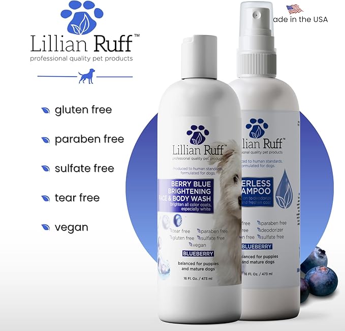 Lillian Ruff PRO Formula Berry Blue Brightening Dog Shampoo + Blueberry Waterless Dog Shampoo - Professional Whitening, Tear Stain Remover & No-Rinse Hydrating Odor Control, Aloe+Coconut Oil, USA Made
