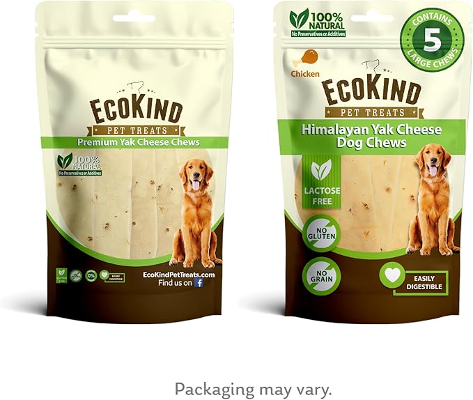 EcoKind Premium Gold Yak Cheese Himalayan Dog Chews, Dog Treats Large Breed, All Natural, High Protein Dog Chew, Chicken, Large - 5 Chews