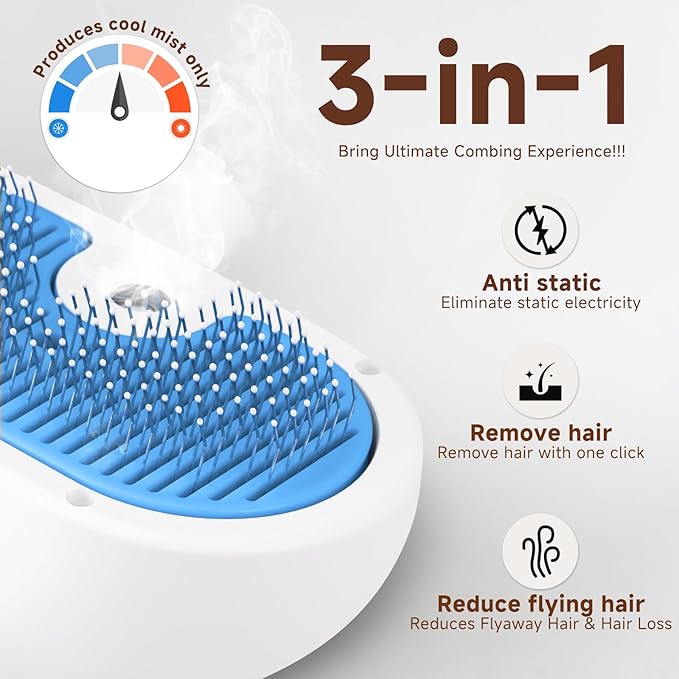 Pet Steam Brush for Dog & Cat - 3-in-1 Steam Grooming Brush for Shedding & Hair Removal - Self Cleaning Spray Comb with Mist for Long Haired Pets - Includes 1*Waterless Shampoo, Blue.