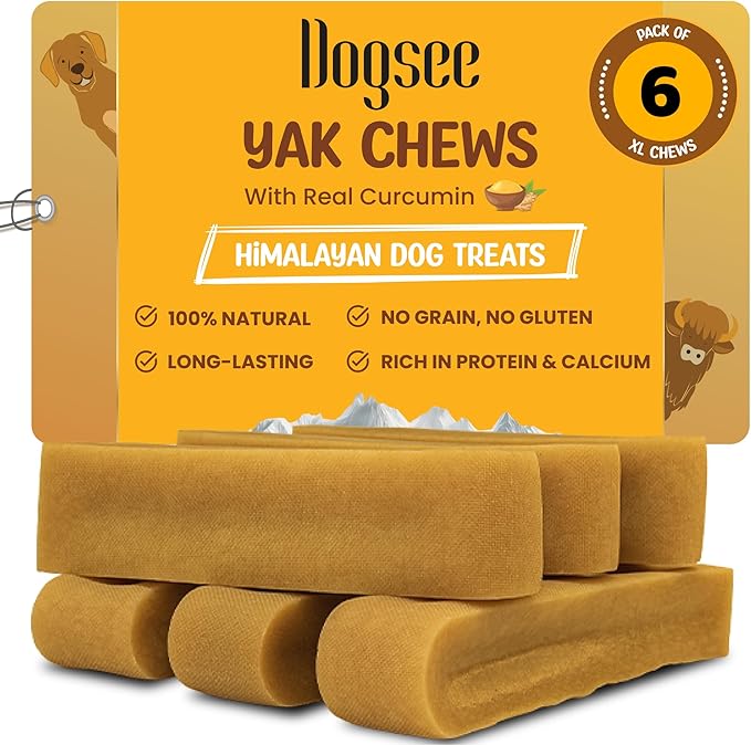 Dogsee Himalayan Yak Chews with Turmeric/Curcumin (XL - 6 Bars, 2lb) | Natural & Long-Lasting | Yak Chews for Large Dogs | Anti-Inflammatory | Supports Oral Hygiene | Rawhide-Free Treats
