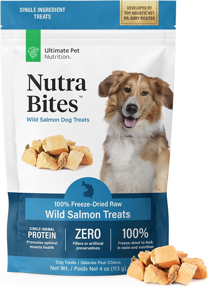 ULTIMATE PET NUTRITION Nutra Bites Freeze Dried Raw Single Ingredient Training Treats Food Topper for Dogs, 4 Ounces, Salmon