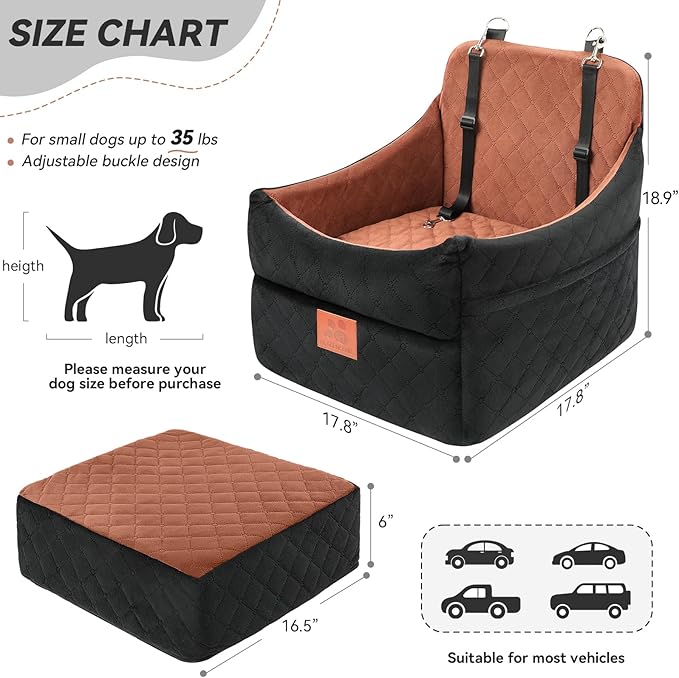 Dog Car Seat for Small/Medium Dogs, Dog Booster Car Seats with Thick Cushion for Dogs Under 35 lbs, Detachable Washable Pet Carseat with Storage Pockets, 2 Safety Belts(Black/Brown)