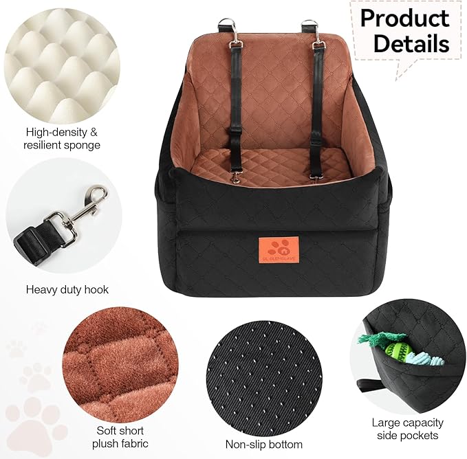 Dog Car Seat for Small/Medium Dogs, Dog Booster Car Seats with Thick Cushion for Dogs Under 35 lbs, Detachable Washable Pet Carseat with Storage Pockets, 2 Safety Belts(Black/Brown)