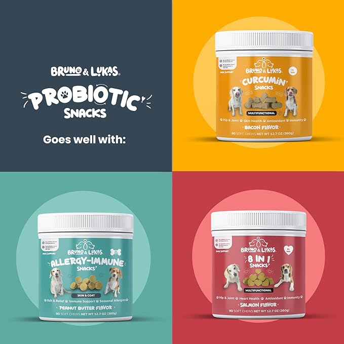 Bruno & Lukas Probiotic Chews for Dogs – Digestive Health & Gut Flora Support – Dog Probiotics for Diarrhea, Loose Stools, Itchiness & Immune Support – 90 Chews, Made in USA