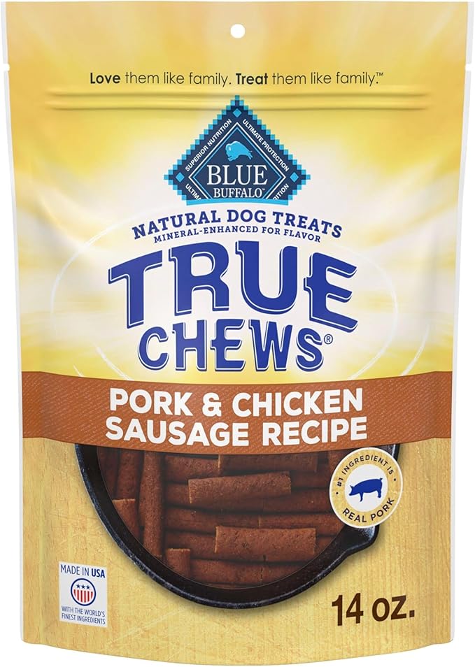 Blue Buffalo True Chews Dog Treats, Made in The USA with Natural Ingredients, Pork and Chicken Sausage Recipe, 14-oz Bag
