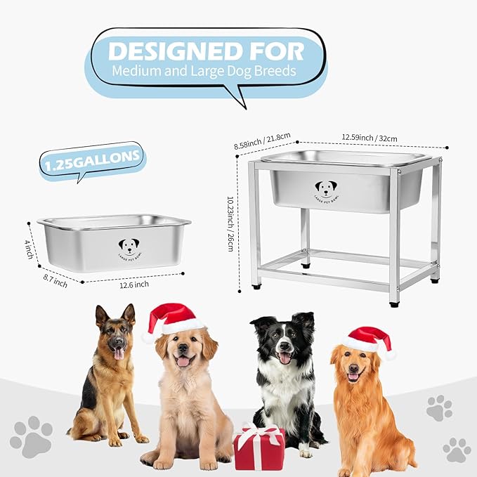 1.25 Gallon Elevated Large Dog Water Bowl, 10.23" Raised Stainless Steel Bowl for Medium Large Breed, Elevated Dog Water Bowl with Full Metal Stand, Easy to Clean and Assemble for Indoor Outdoor