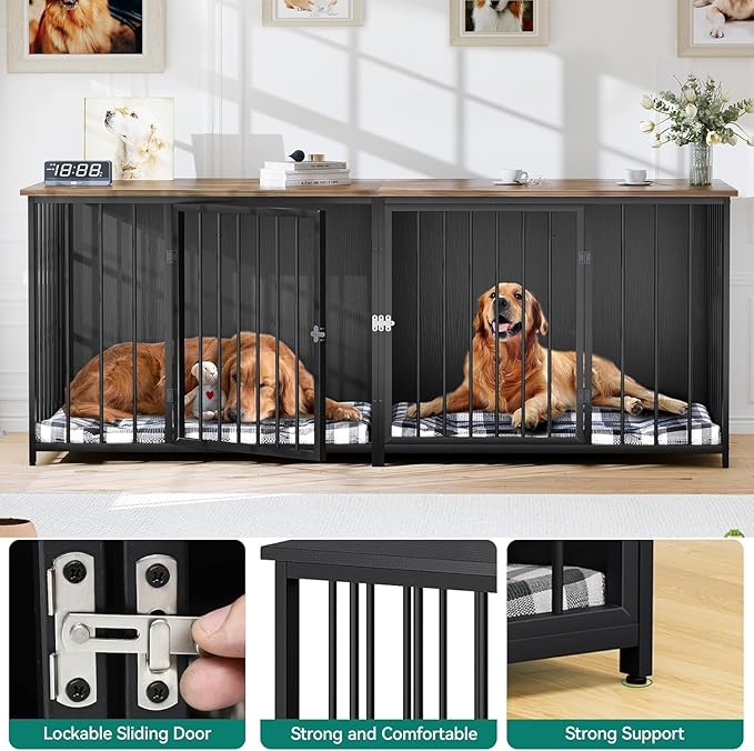 YITAHOME Double Dog Crate Furniture, 80.2 inch Large Breed Dog Kennel with Divider, Heavy Duty Dog House TV Stand Indoor for 2 Medium Dogs, Black