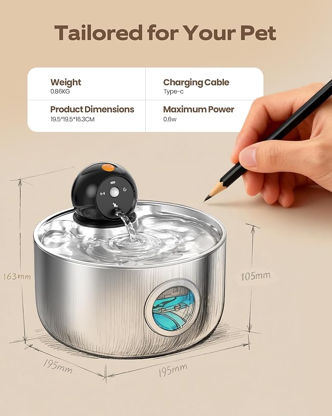 Cat Water Fountain Battery Operated: Wireless Cat Fountain with Motion Sensor - 88oz/2.6L Cordless Pet Dispenser for Cats Indoor - Automatic Quiet Waterer for Small Animal with 6 filters and 3 sponges