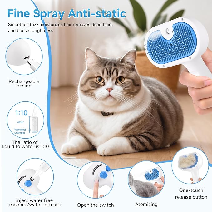 Pet Steam Brush for Dog & Cat - 3-in-1 Steam Grooming Brush for Shedding & Hair Removal - Self Cleaning Spray Comb with Mist for Long Haired Pets, Blue(waterless shampoo not include)