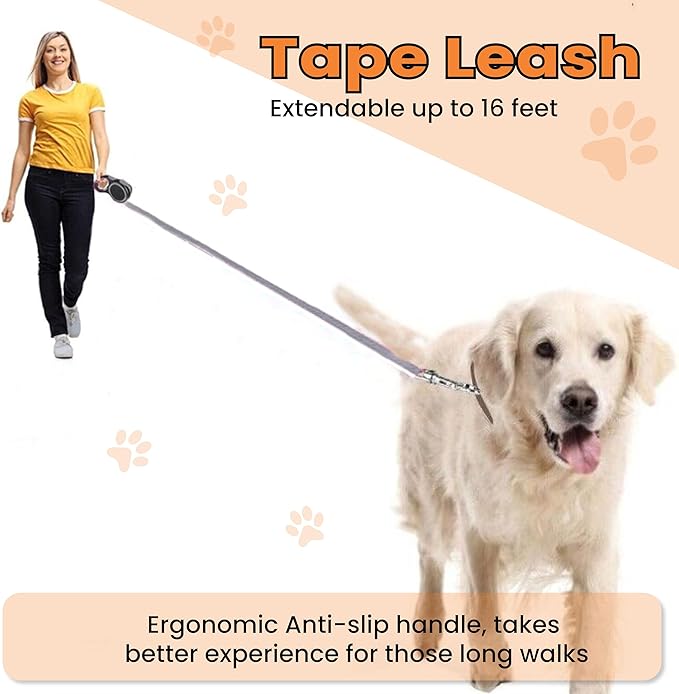 Retractable Dog Leash – Extendable up to 16 FT, Heavy Duty Nylon Tape, No-Tangle, One-Handed Brake & Lock, for Small to X-Large Dogs up to 44 lbs (Black)