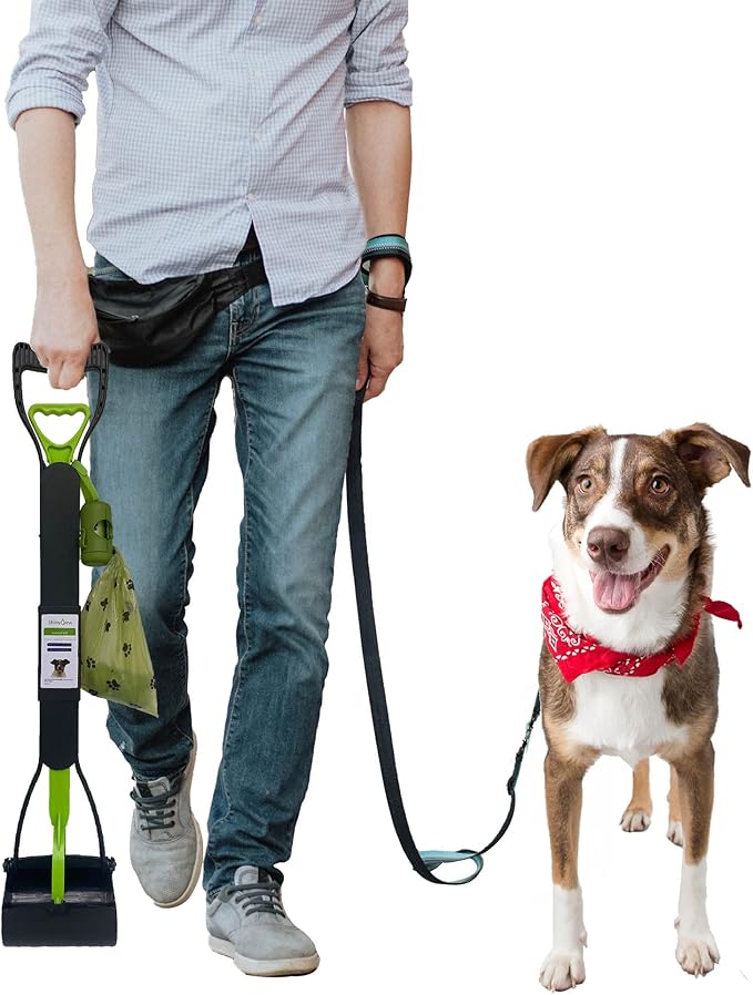 32" Pooper Scooper for Large Small Dogs with 30 Dog Poop Bags & Dispenser Attachment, Extra Long Handle Heavy Duty Poop Scoop, Foldable Dog Poop Picker Upper for Yard