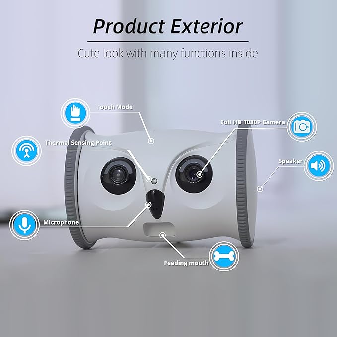 Owl Robot: 1080P Full HD Pet Camera with Treat Dispenser, Interactive Toy for Dogs and Cats, Full House Mobile Monitoring via App,2 Way Talk,No Monthly Fee (Only 2.4G WiFi)