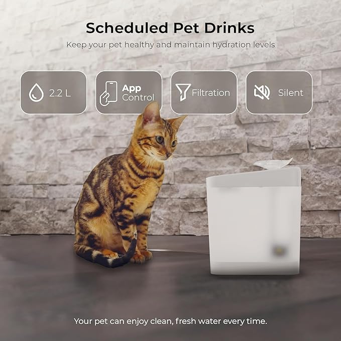 Penthouse Paws Smart Cat Water Fountain 2.2L, App Controlled Automatic Water Dispenser, Ultra Quiet Pump, 5-Stage Filter, Whisker Friendly Bowl, for Cat & Dog, White