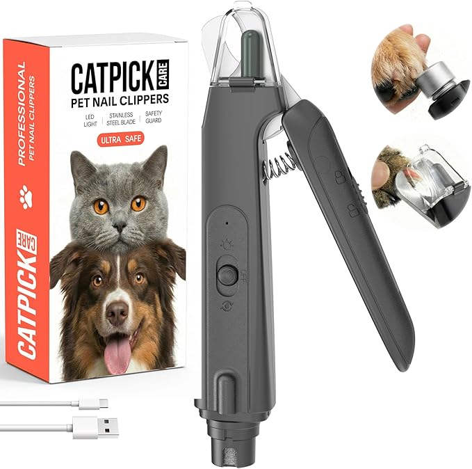 2-in-1 Dog & Cat Nail Clipper with Grinder - Dual Highlight LED Reduce Over-Trimming, Long Battery Cordless USB-C Rechargeable, Safety Lock & Catcher Cap, Quiet Home Grooming for Small Large Pets