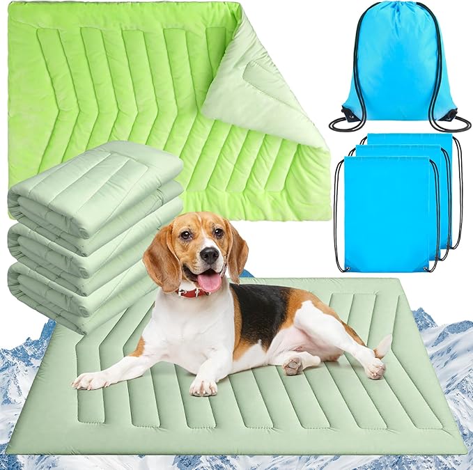 Tinideya 4 Pack Dog Cooling Mats with Storage Bags 35"x22" Ice Green Cooling Mat for Dogs Cats Washable Foldable Pet Self-Cooling Mat and Sleeping Pad for Summer Crate Bed Indoor and Outdoor Floor