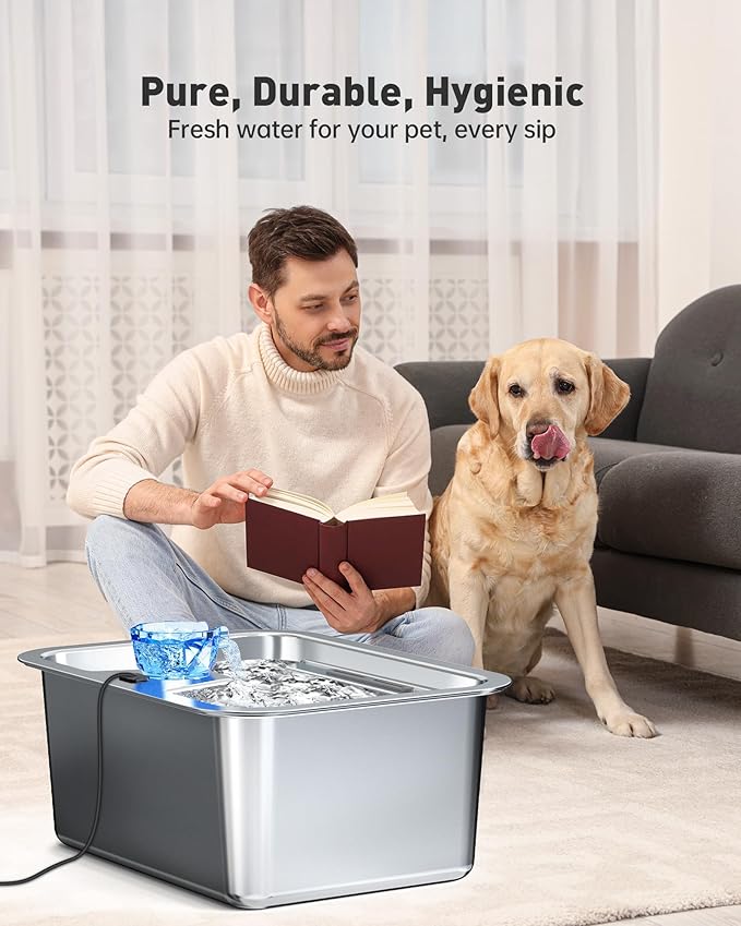 Stainless Steel Dog Water Fountain, 3 Gallon Extra Large Pet Drinking Fountain for Large Dogs & Multi-pet, Automatic Dog Water Bowl Dispenser with 2 Filters, Wide Drinking Area, Easy to Clean