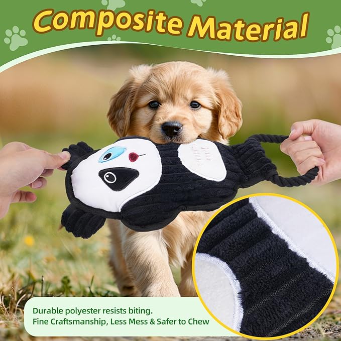 2-Pack Squeaky Dog Toys & Tough Tug of War Set - No Stuffing Chew-Resistant Plush Toys to Keep Them Busy, Best Birthday Gift for Small/Medium/Large Breeds (Panda & Dion)