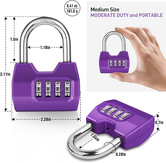 1 Pack disecu 4-Digit Combination Lock, Waterproof Outdoor Padlock for School Gym Locker, Fence, Gate, Shed, Storage Unit (Purple)