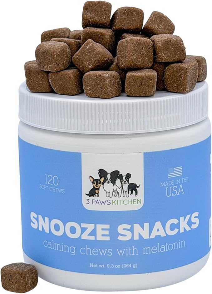 3 Paws Kitchen Snooze Snacks - Calming Chews for Dogs with Melatonin, Chamomile, and Valerian Root - Dog Anxiety Relief Supplement - 120 Soft Chews - Natural, Vet-Approved - Made in USA