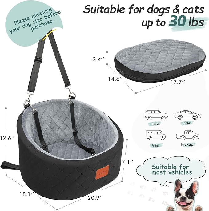 Dog Car Seat for Small Dogs Up to 30 Lbs,Ultra Soft Fabric Fill in Comfy Memory Foam,Happy Pet Ride,2 Safety Dog Leashes,Fully Detachable and Washable,Anti Slip Base(Black/Grey)