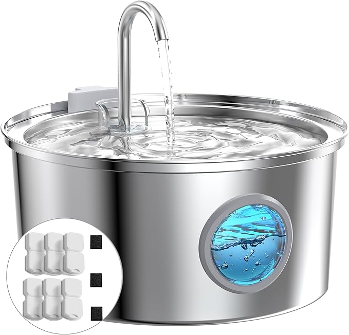 Cat Fountains for Drinking Stainless Steel: 108oz/3.2L Cat Water Fountain Led Light - Running Pet Water Fountain Filtered - GIOTOHUN Faucet Like Pet Water Fountains for Cats Indoor with 9 Filters