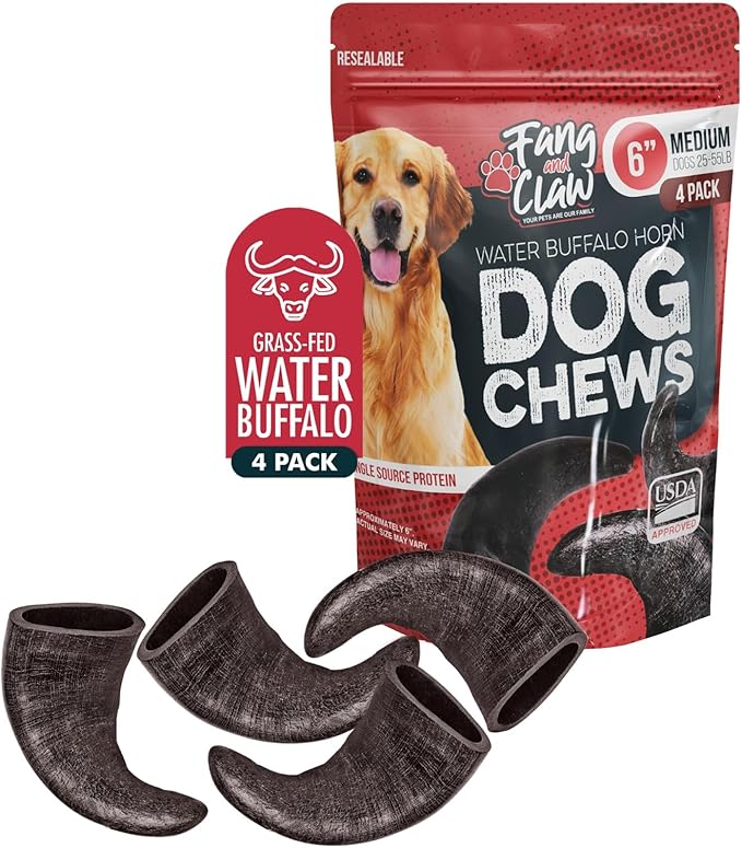 Fang and Claw Water Buffalo Horn Dog Chew 4 Pack (Medium 6 Inch), Long-Lasting Natural Chews for Aggressive Chewers, Single-Ingredient, No Rawhide