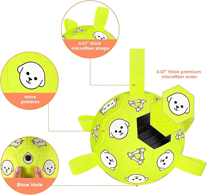 Dog Soccer Ball, Durable Dog Soccer Ball with Straps, Water Fetch Toys, Dog Toys Outdoor, Fun Puppy Birthday Gift for Small & Medium Dogs, 6 Inch