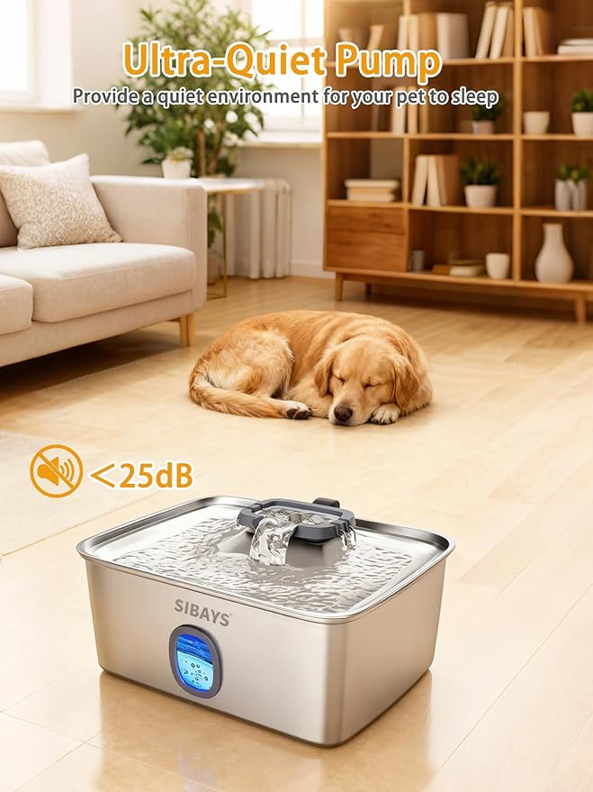 SIBAYS 4Gal/15L Large Dog Water Fountain, Stainless Steel Pet Fountain with Water Window & LED Light, Ultra Quiet Automatic Dog Water Bowl Dispenser for Large Dogs & Multi-pet, Easy to Clean FS76