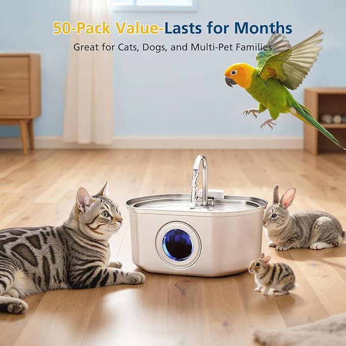 50 Pack Cat Fountain Replacement Filters for Rellaty & Neareal Stainless Steel 108oz/3.2L Adjustable Water Flow Pet Water Fountain(25 Filters & 25 Sponges)