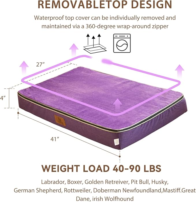 Memory Foam XL Dog Bed - 4” Thick Orthopedic Beds for Extra Large Dogs - Waterproof Dog Bed with Removable Washable Cover & Wrap-Around Zipper - Ultimate Comfort and Easy Maintenance, Purple