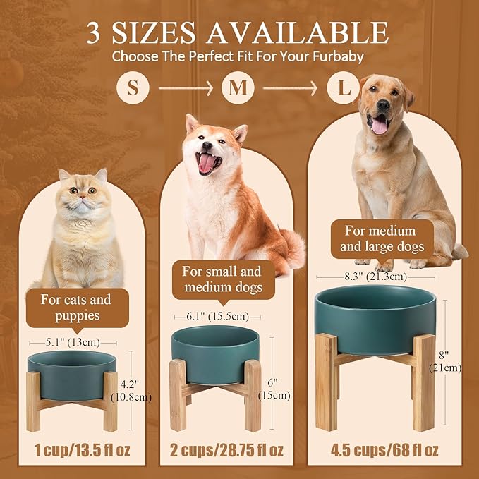 Yellow Ceramic Elevated Raised Cat Bowl with Wood Stand No Spill Pet Food Water Feeder Cats Small Dogs