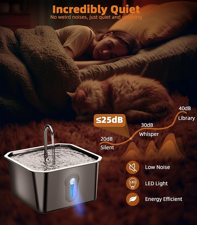 4L/135oz Large Cat Water Fountain Stainless Steel with 8 Filters Pet Water Fountain for Cats Quiet Indoor Pets Dog Small Animal Automatic Dog Water Dispenser for Drinking Watering Supplies