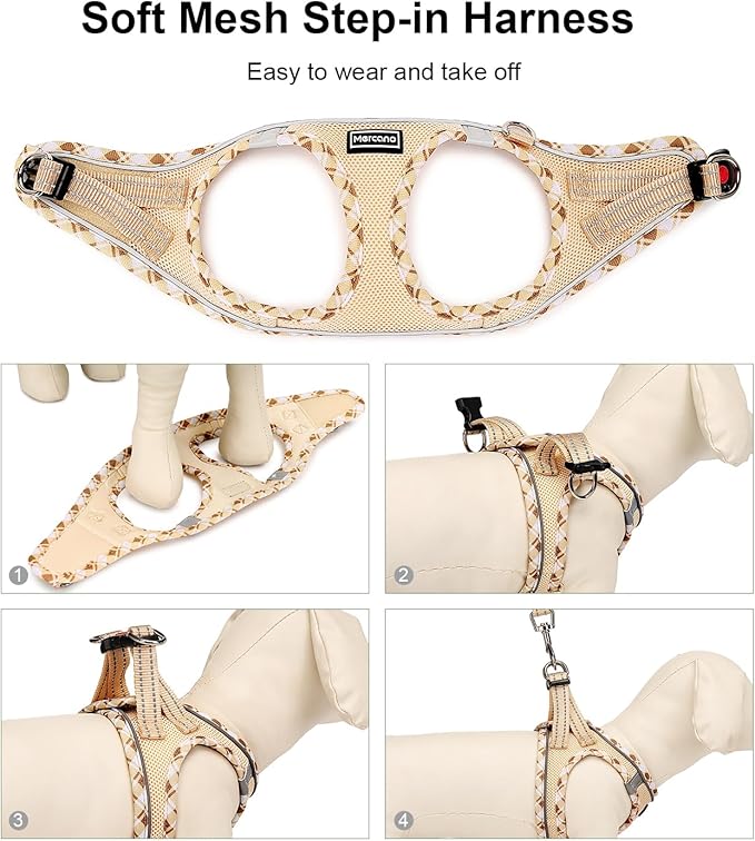 Mercano Soft Mesh Dog Harness and Leash Set, No-Chock Step-in Reflective Breathable Lightweight Easy Walk Vest Harnesses with Safety Buckle for Small Dogs, Cats (Beige, M)