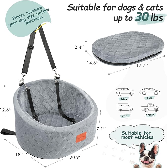 Dog Car Seat for Small Dogs Up to 30 Lbs,Ultra Soft Fabric Fill in Comfy Memory Foam,Happy Pet Ride,2 Safety Dog Leashes,Fully Detachable and Washable,Anti Slip Base(Grey)