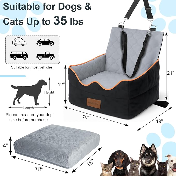 Dog Car Seat for Small/Medium Dogs Under 35lbs, Pet Booster Seat with 4In Memory Foam Cushion, Fully Detachable and Washable, Travel Dog Carseat with Storage Pocket and Safety Belt