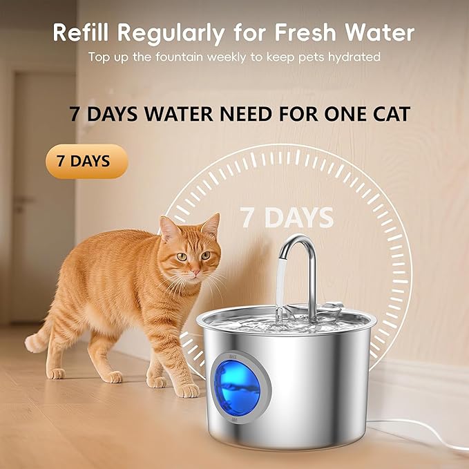 Cat Water Fountain Advanced 304 Stainless Steel 2.2L/74oz with Detachable Tank, Easy to Clean, Automatic Pet Fountain Quiet Cats Water Dispenser, Dogs (74oz Cat Fountain)