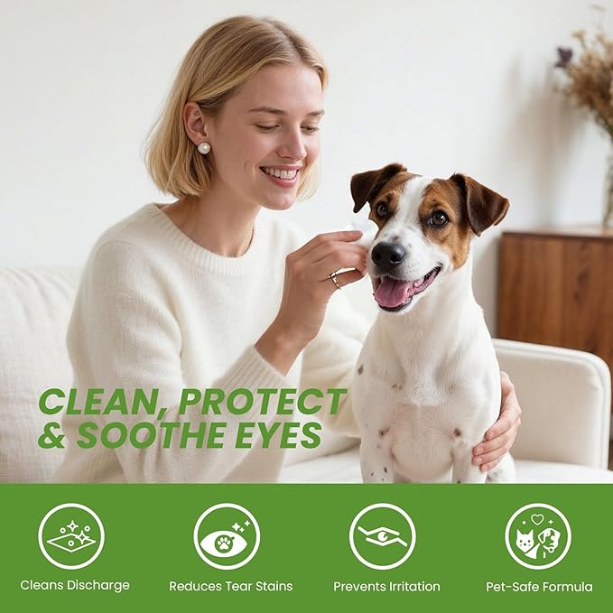 Dog Eye Wipes, Tear Stain Remover for Dogs & Cats - 100ct Hypoallergenic Pet Eye Cleaning Pads for Crust, Gunk & Discharge - Gentle Grooming Wipes for Sensitive Eyes, Wrinkles & Folds