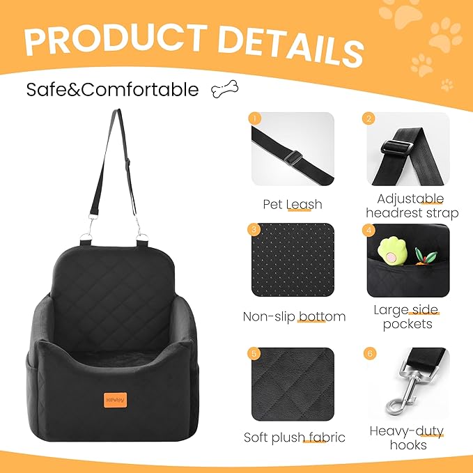 Dog Car Seat for Small Dog with Washable Mat, Memory Foam Booster Seat for Dogs Under 30lb, Elevated Pet Seat with Pockets, Anti-Slip Bed for Car, Perfect for Front & Back Seats with Safety Leash