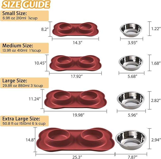 Hubulk Pet Dog Bowls 2 Stainless Steel Dog Bowl with No Spill Non-Skid Silicone Mat + Pet Food Scoop Water and Food Feeder Bowls for Feeding Small Medium Large Dogs Cats Puppies (Large, Burgundy)