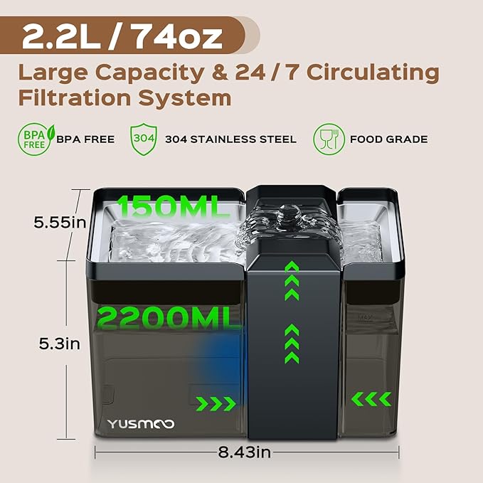 Automatic Cat Water Fountain, 2.2L/74oz Pet Fountain with 304 Stainless Steel Drinking Top, Ultra-Quiet Pump, Triple Filtration & LED Water Level Alert, BPA-Free Plastic for Cats and Small Dogs