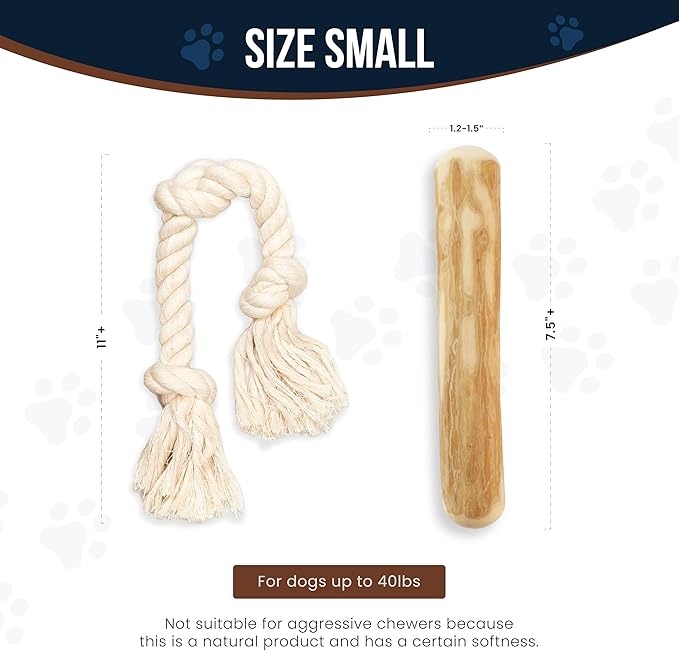GOWGOW Coffee Wood Dog Chews 7.5" & Dog Rope Toys 100% Natural for Teething, Stress Relief, Dental Health, Organic Toys - Size S