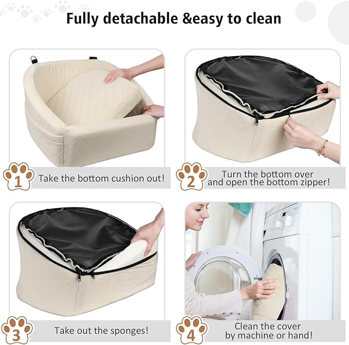 Dog Car Seat for Small Medium Dogs,Detachable Washable Dog Booster Seat Under 30lbs, Pet Car Seat Travel Bed with Storage Pockets and Dog Safety Belt (White)