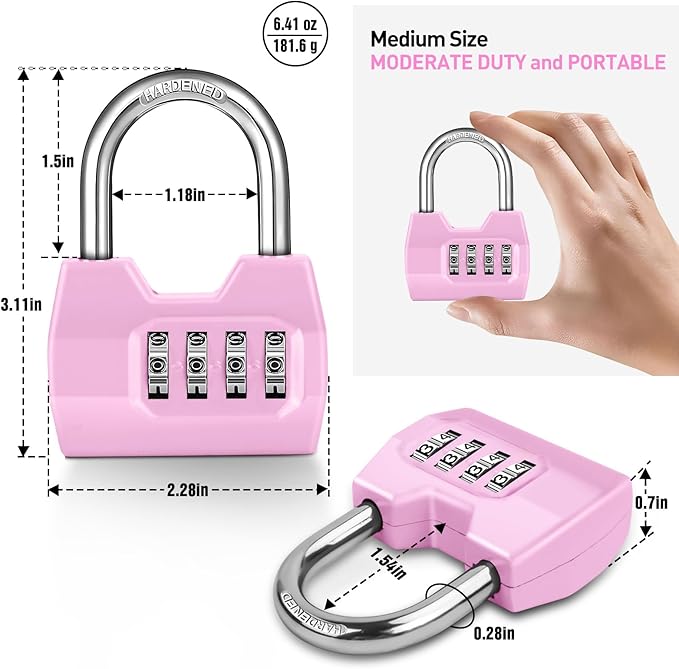 1 Pack disecu 4-Digit Combination Lock, Waterproof Outdoor Padlock for School Gym Locker, Fence, Gate, Shed, Storage Unit (Pink)